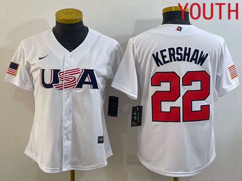 Youth 2023 World Cub USA #22 Kershaw White MLB Jersey